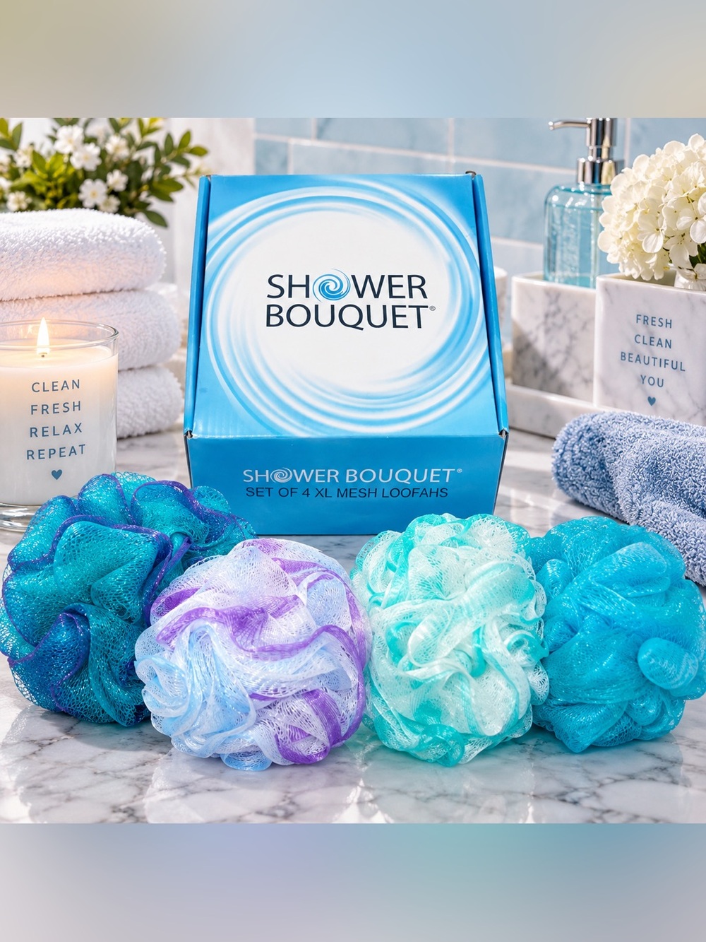 🩵 Shower Bouquet Set of 4 XL Mesh Loofahs 🩵